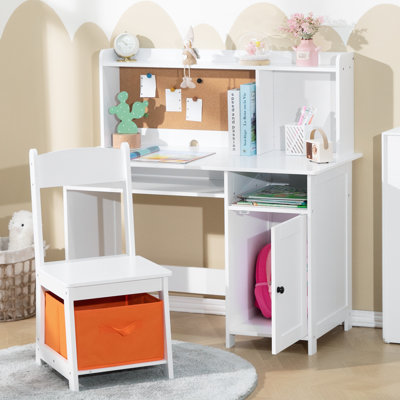 37.79" Wooden Kid Writing Desk Chair Set Cork Bulletion Board, Children Study Table With Chair by Harriet Bee