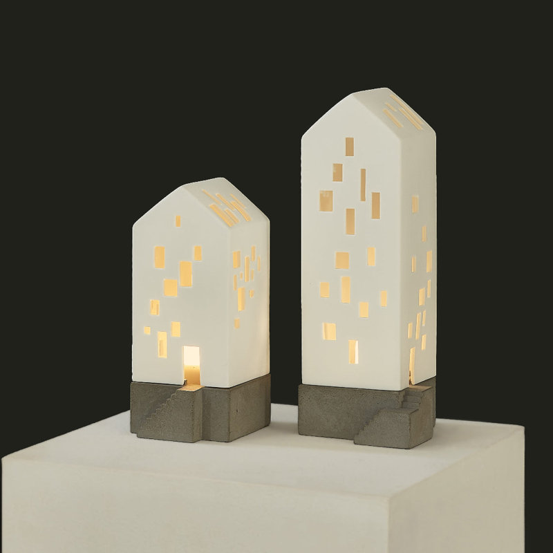 Village House - Apartment with Concrete Base Tealight Holder - 7.4"