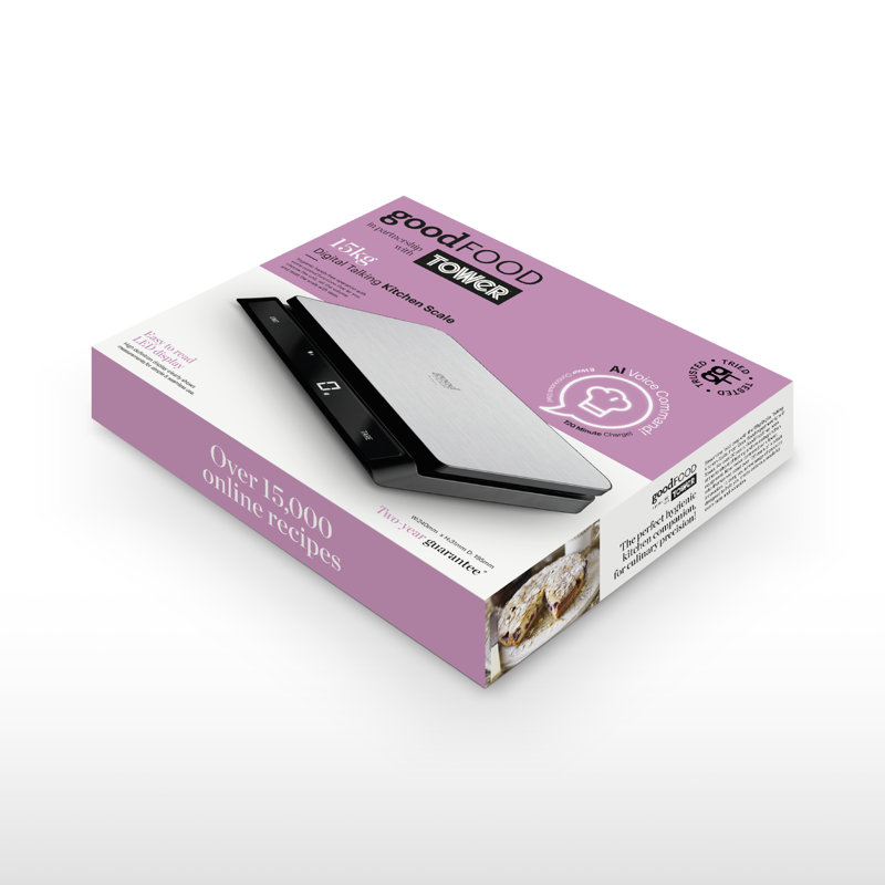 GF876009 Good Food in partnership with Tower Digital Intelli Kitchen Scale, Voice Control, LED Display, USB Rechargeable, 15kg Capacity, Black & Stainless Steel