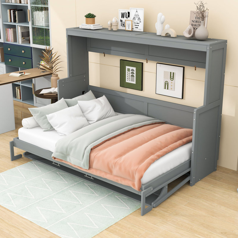 Lit escamotable en bois avec tablettes de rangement et lattes, gris, Complète