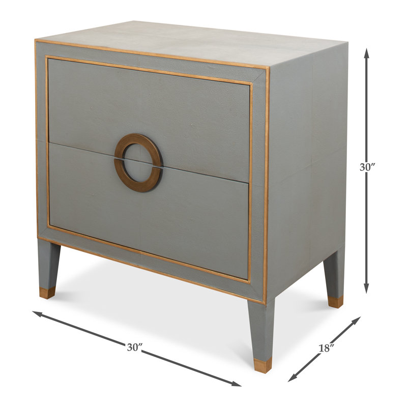 Transitional Gray Shagreen Leather Nightstand with Gold Accents