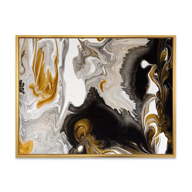 Or et vagues de marbre noir II - peinture sur toile, Cadre flottant doré, H 16 po x l 32 po