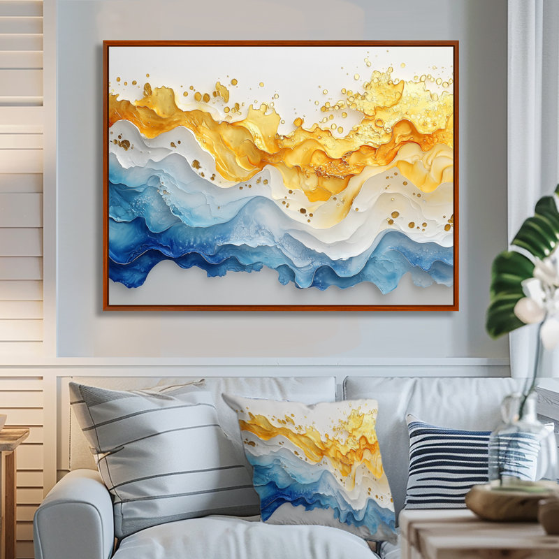 Luyster Blue Yellow Dream Lines II - vagues côtières, art mural, Brun, Cadre flottant, H 16 po x l 32 po
