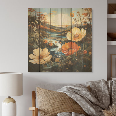 Radiant Sunshine Marigold Flowers I - champ de fleurs, art mural sur bois de pin naturel