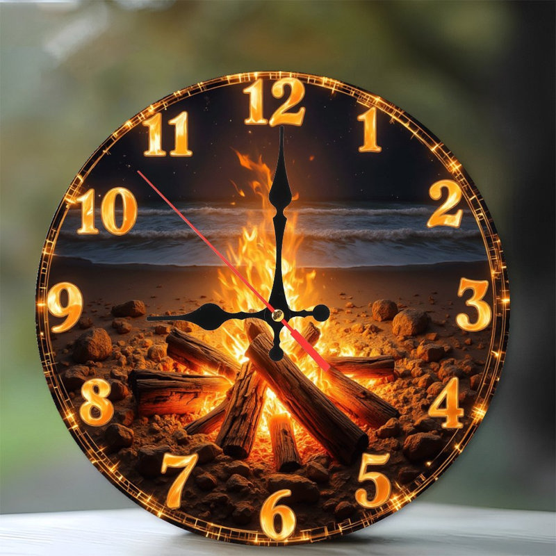 plage, horloge de feu de joie, océan, flammes