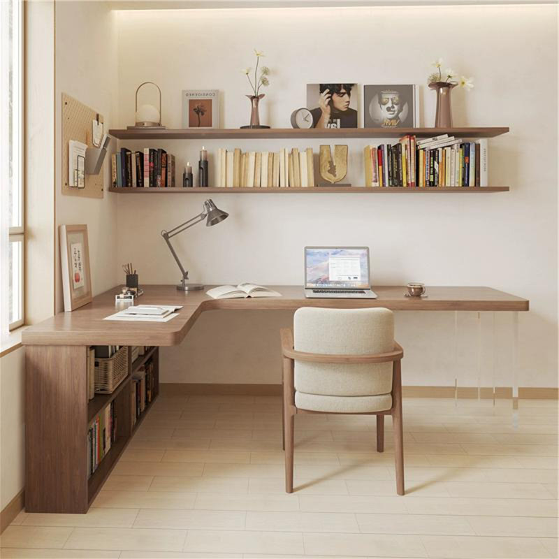 Light walnut L-Shaped Solid Wood desks, 29.53" H x 78.74" W x 55.12" D, Left Hand Return