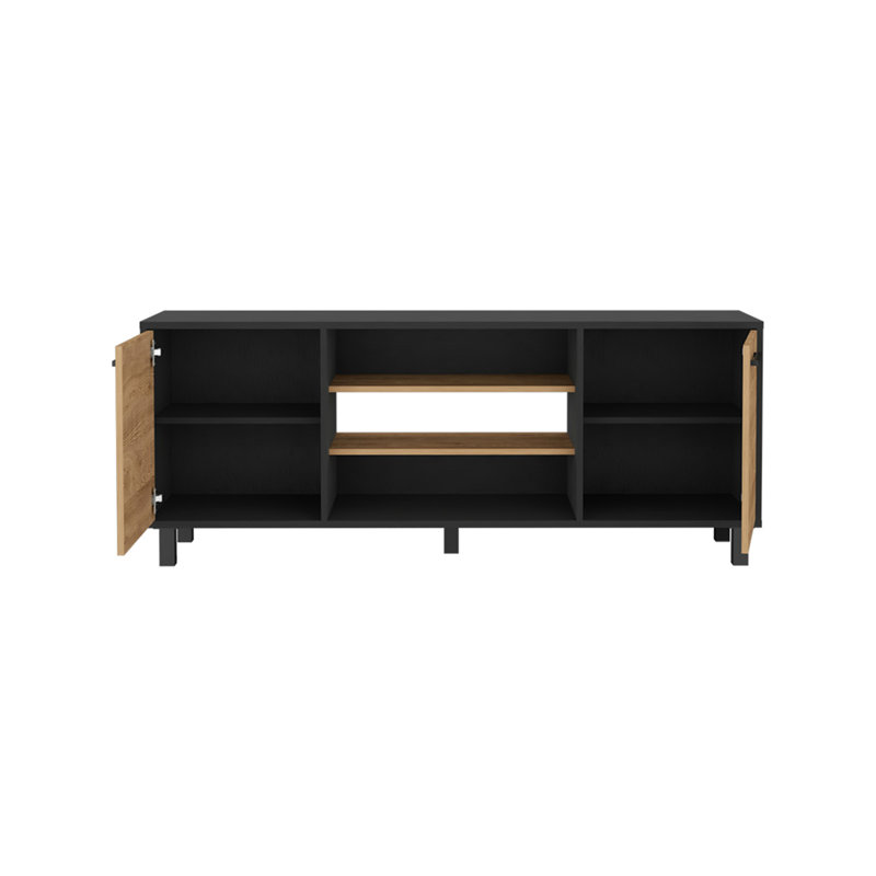 Meuble télé pour téléviseur de 60 po ou plus, deux armoires, trois tablettes, cinq pieds, espresso / pin