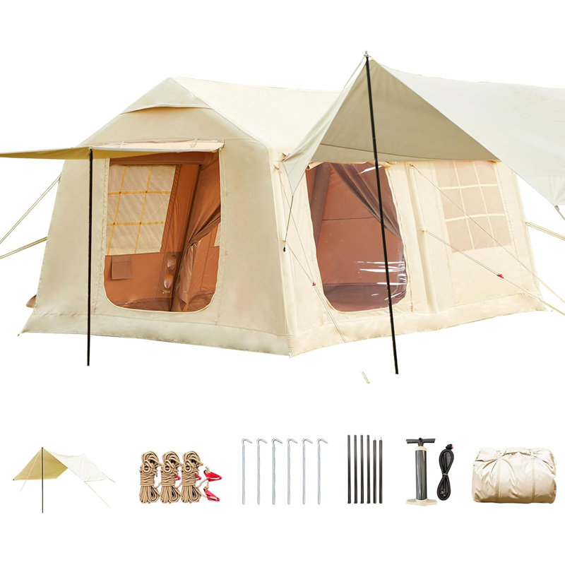 Inflatable Tents For Camping, 8-10 Person Tent With Tpu Skylight, Mesh Windows,stove Jack & Pump, Easy Setup 4 Season Glamping Tent, Waterproof & Windproof
