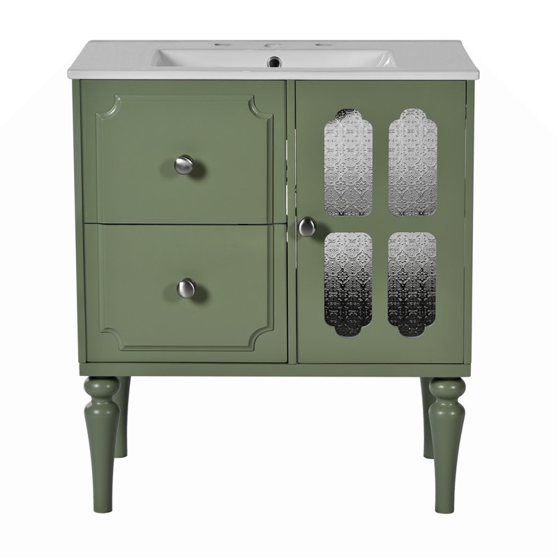 Meuble-lavabo de salle de bain 30 po avec lavabo en résine Retro, meuble-lavabo simple autoportant avec 2 tiroirs