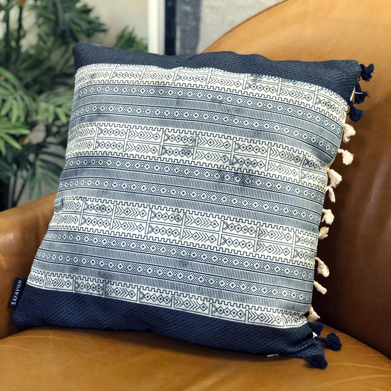 Deep Blue and Gray Geometric Tassel Throw Pillow 16"