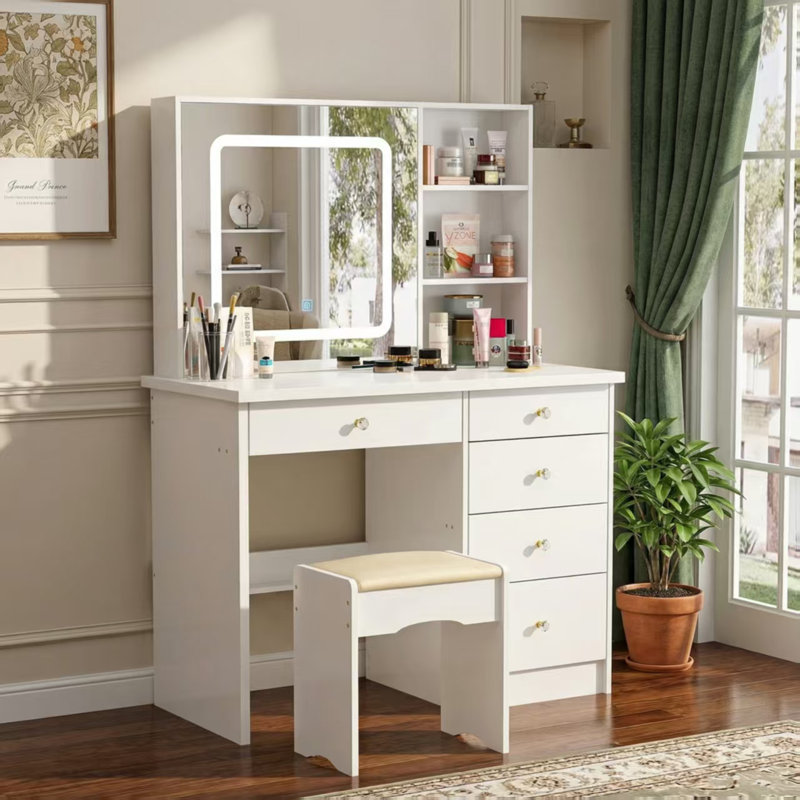 39.4'' Wide Makeup Vanity Set with Stool and LED Mirror, White