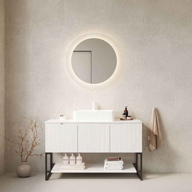 Meuble-lavabo de 48 po avec lavabo vasque, meuble de rangement autoportant pour salle de bain avec 3 portes et tablette rectangulaire ouverte en céramique et comptoir en pierre frittée blanc de Carrare