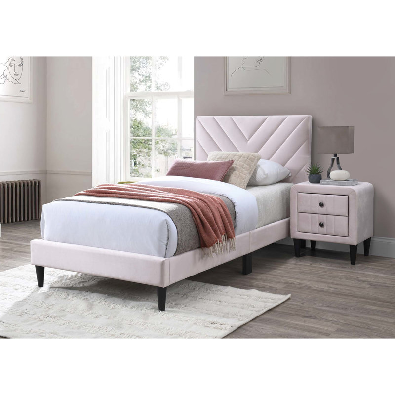 Lit simple réglable à tête de lit simple en velours luxueux avec une base robuste de 12 po, Light Pink