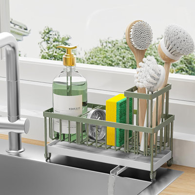 304 Sponge Holder for Kitchen Sink - Kitchen Sink Caddy with High Brush Holder & Soap Dispenser