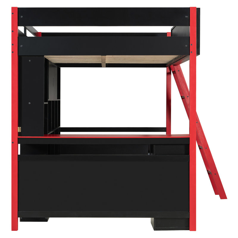 Lit mezzanine en bois avec bureau, Rouge