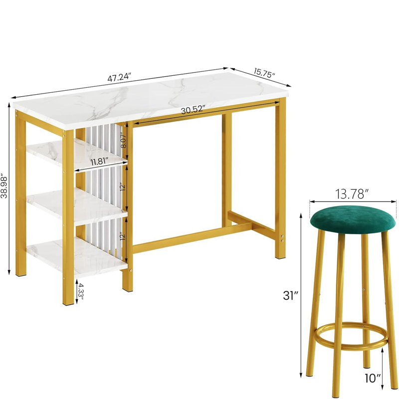 Ensemble de 3 tables de bar à hauteur de comptoir avec 2 tabourets rembourrés, Marbre blanc /Or, Émeraude / Or