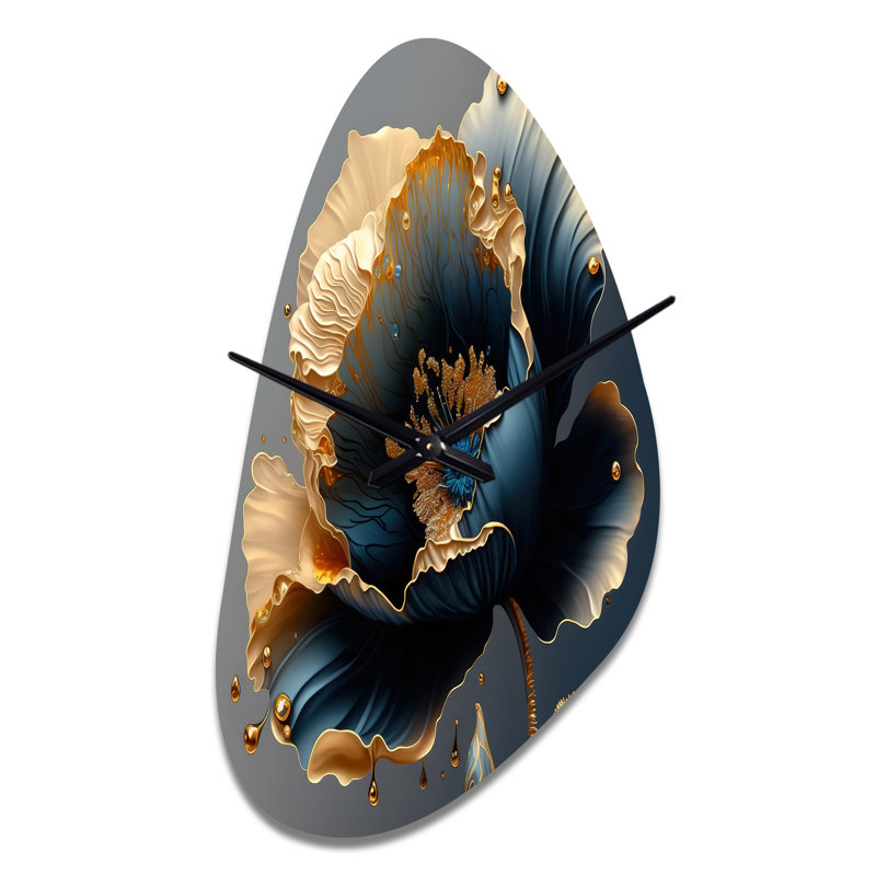 Horloge en métal bleu foncé et doré à motif floral de forme irrégulière et horloge asymétrique bleue, Moyenne