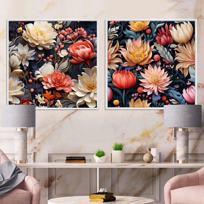Francesca - Ensemble de 2 collages floraux carrés, Cadre flottant blanc, H 36 po x l 73 po