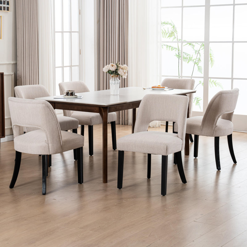Chaise de salle à manger en lin avec pieds en bois massif, 6, Beige