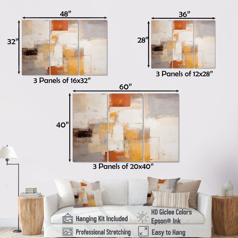 Serenity déconstruit cubiste orange - ensemble d'art mural abstrait, Toile tendue, H 40 po x l 60 po x P 1 po