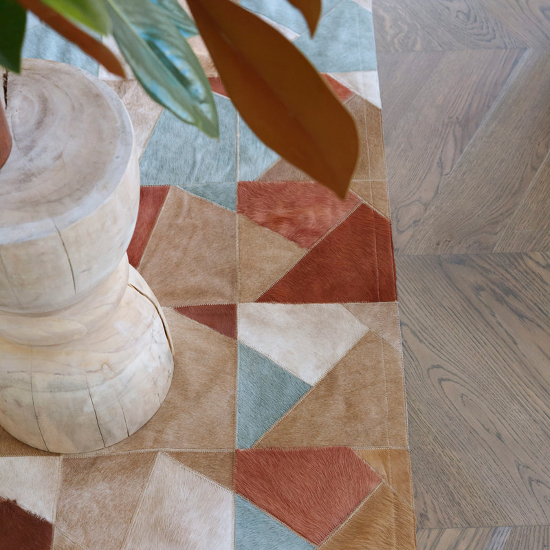Cowhide Geometric Area Rug in Caramel/Blue, Rectangle 5'7" x 7'10"