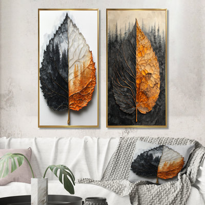 «Modern Modern Leaves Dark Symetry Of Autumn I», collection d'art mural floral à 2 panneaux