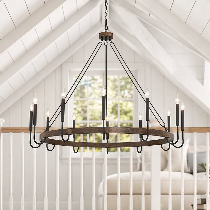 Allegra 46" W 12-Light Wagon Wheel Chandelier, Walnut/Aged Zinc