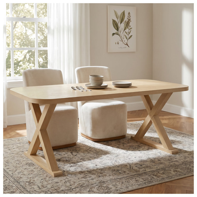 Table de salle à manger rectangulaire d'intérieur en placage de chêne naturel avec pieds en bois d'hévéa en forme de X, 175 cm (68,75 po).