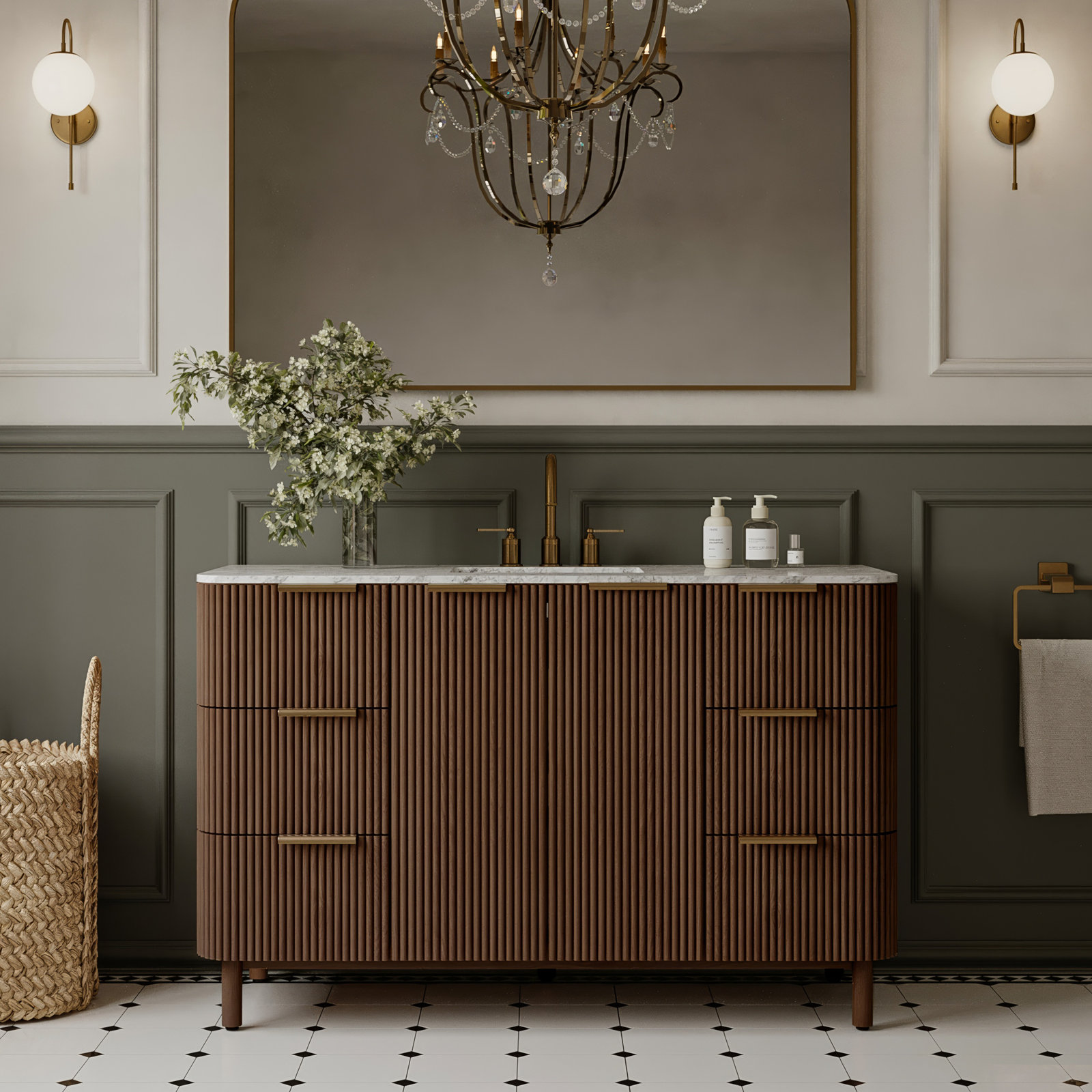 Nova 55" Carrara Marble Single Bathroom Vanity, Brown Reeded Birch