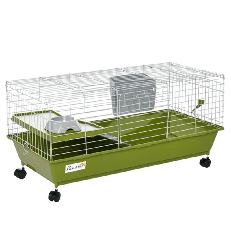 Cage pour petits animaux L 35 po PawHut, cage à lapins roulante, cage à cochon d'Inde avec plat de nourriture, bouteille d'eau, mangeoire à foin, plateforme, rampe pour furet chinchilla, vert