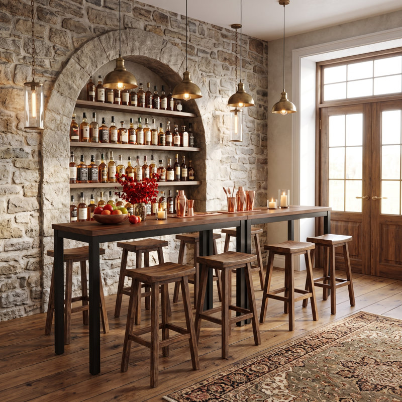 Table de bar 78,74 po en bois massif, table de pub extra longue à hauteur de comptoir avec pieds en métal
