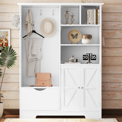 Portemanteau multifonctionnel avec tablettes et tiroirs de rangement, armoire à chaussures élégante avec banc, portemanteau moderne avec crochets