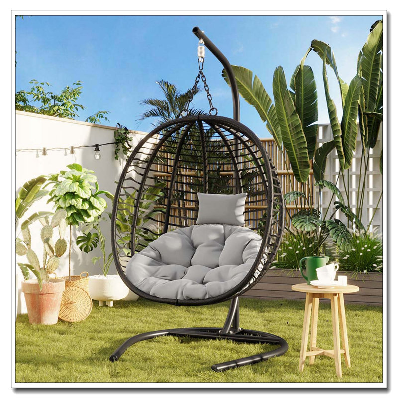 Fauteuil à œufs pliant pour une personne avec support - osier PEHD, pieds réglables et appui-tête amovible, Gris, Black