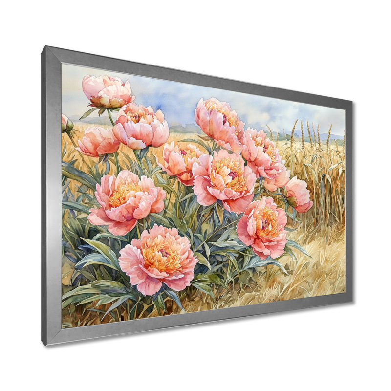 «Pe pivoines le long du champ de maïs I», art mural pivoines, H 30 po x l 40 po, Avec cadre, Argent argent
