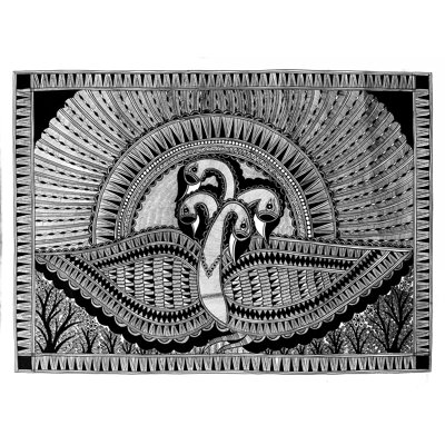 Quatre paons dansants | Madhubani, peinture sur papier faite à la main