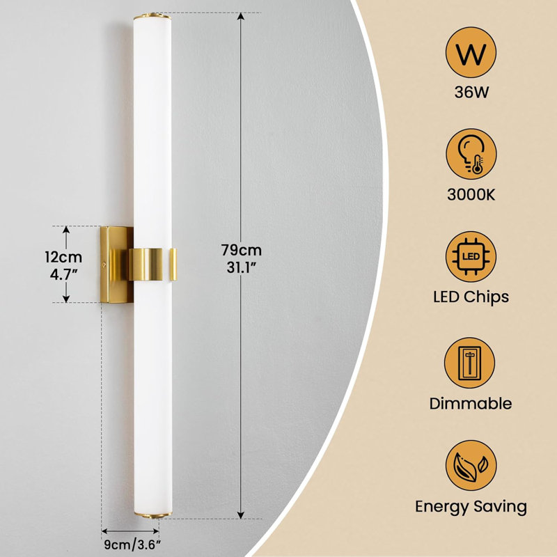 Dimmable LED Vanity Light Fixture With Acrylic Shade - Modern Bathroom Sconce For Mirror, Bedroom, And Living Room - Energy Efficient 36W 3000K Lighting