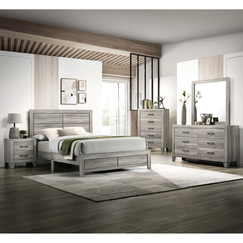 Lit plateforme simple gris contemporain avec grain de bois et tête de lit épurée, merveilleuse pour une chambre à coucher