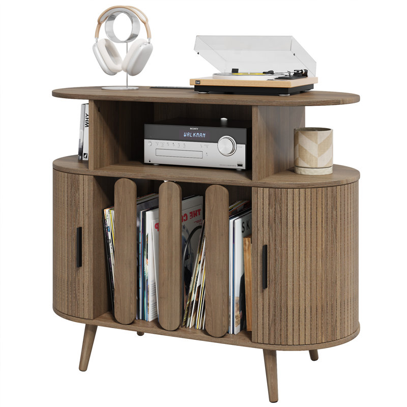 35.5'' Round Record Player Stand With Charging Station,turntable Stand Table With Open Storage