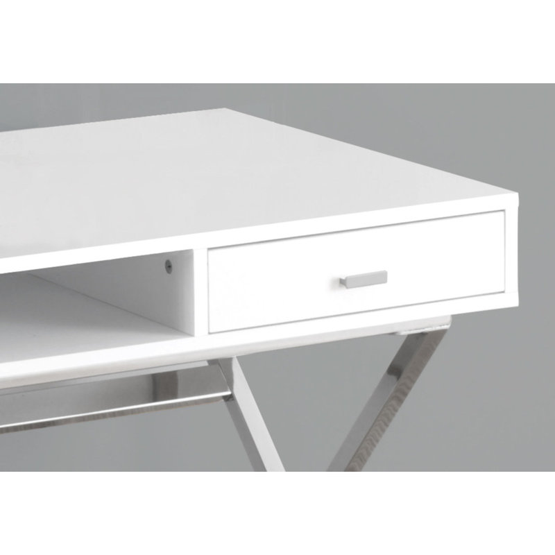 Bureau d'ordinateur, bureau personnel, ordinateur portable, tiroirs de rangement, L 48 po, travail, stratifié blanc brillant, métal chromé, contemporain, moderne