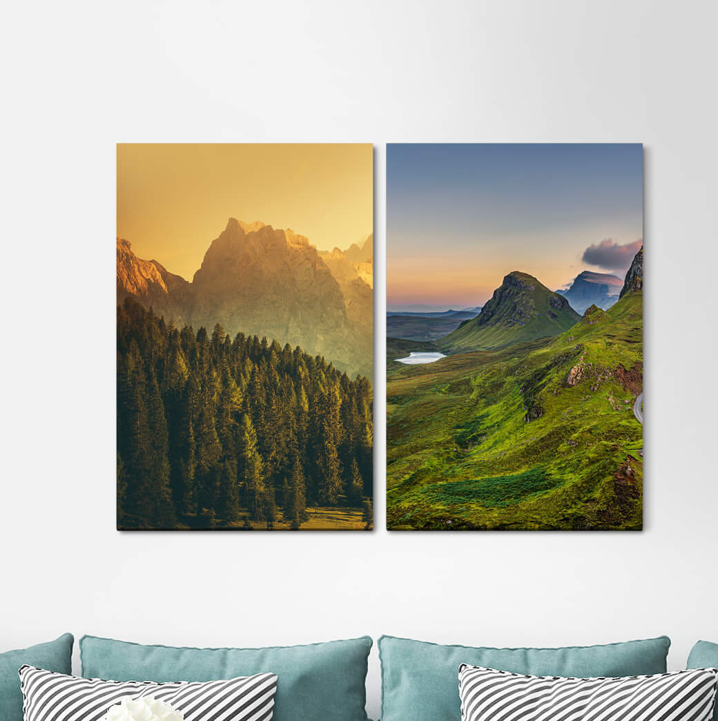 2-tlg. Leinwandbilder-Set Nature Mountains Norway Hiking Fir Forest Freshness Green