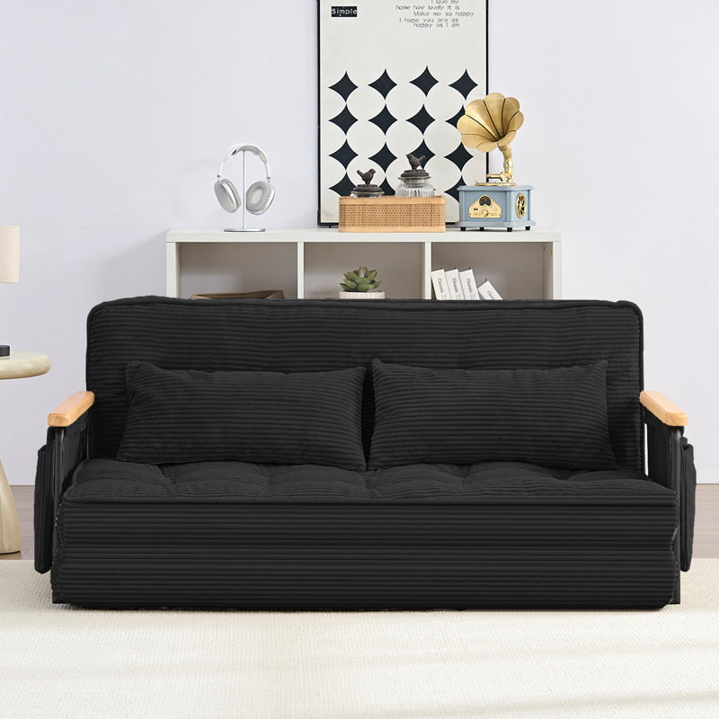 2-in-1 Convertible Loveseat Recliner with Wooden Arms & Side Pockets, Black