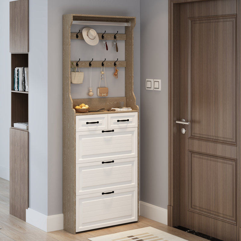 NOUVEAU Armoire à chaussures avec 3 portes, 2 tiroirs avec support, porte en PVC avec forme, grand espace de rangement