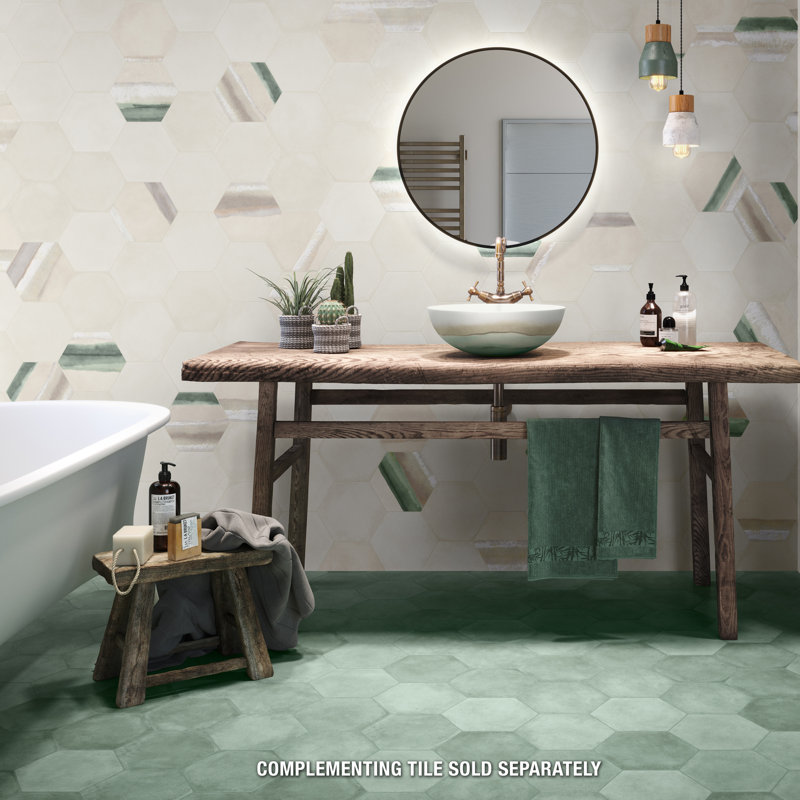 Matter Hex Canvas 8' x 9' Stone Look Wall & Floor Tile, Bone/Green