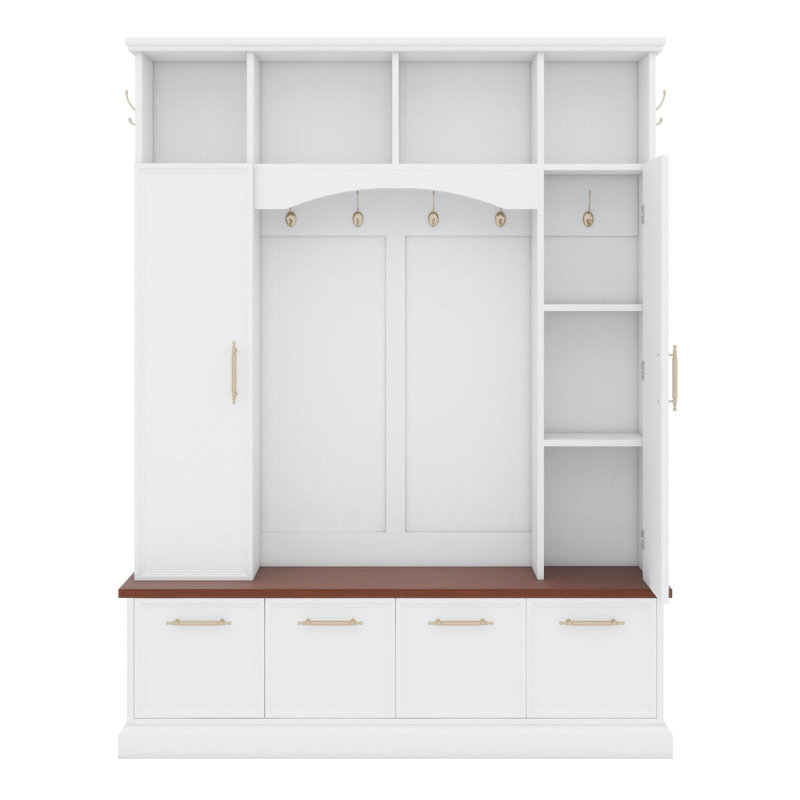 Hall Tree With Golden Hooks And Handles, Practical Entryway Walnut Bench With Adjustable Shelves, Farmhouse Wooden Style Coat And Shoe Rack