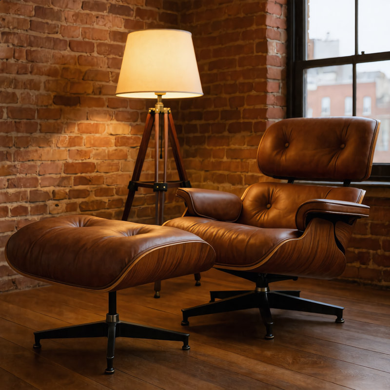 Genuine Leather Swivel Lounge Chair With Ottoman, Brown/Walnut