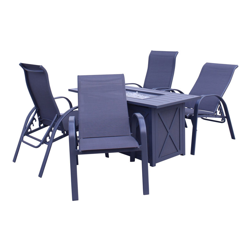 Ensemble de foyer rectangulaire gris foncé 5 pièces Courtyard Casual Santa Fe avec 1 foyer et 4 chaises inclinables Sling