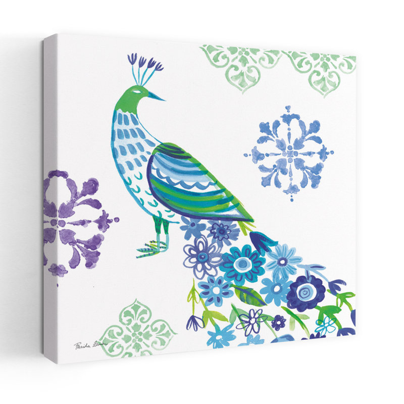 Jewel Peacocks IV, oiseau, fleur tropicale, art, H 24 po x l 24 po