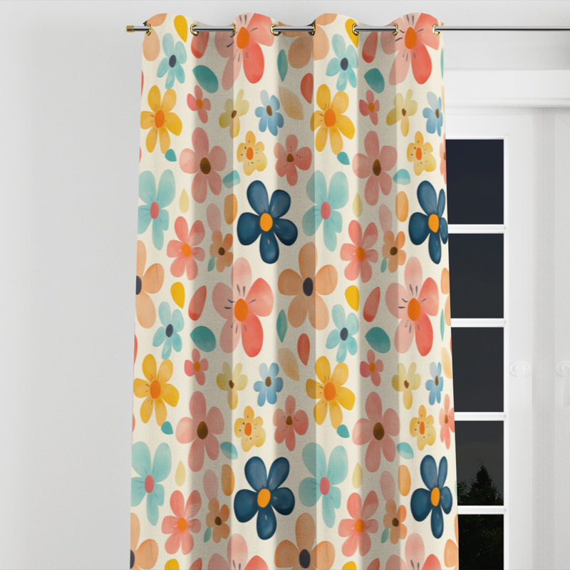 For Teenagers Retro Florals Velvet Curtains - Vintage Mid Century Retro Flowers Twin Grommet Curtain - 1 Panel, Gold Grommets