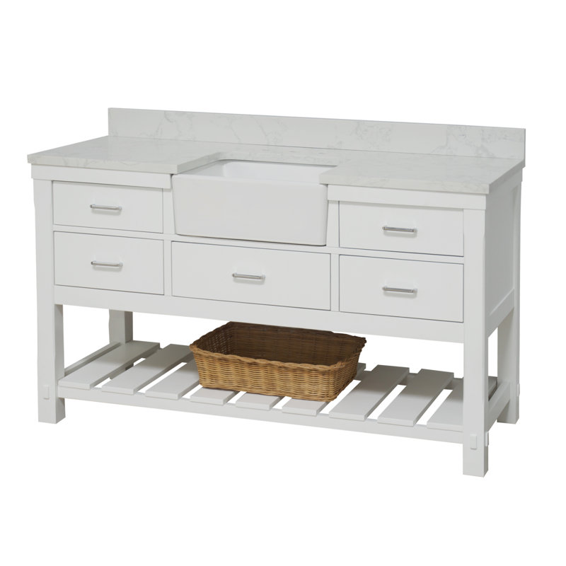 Ensemble de meuble-lavabo simple 60 po Hitton, Blanc, Carrare d'ingénierie