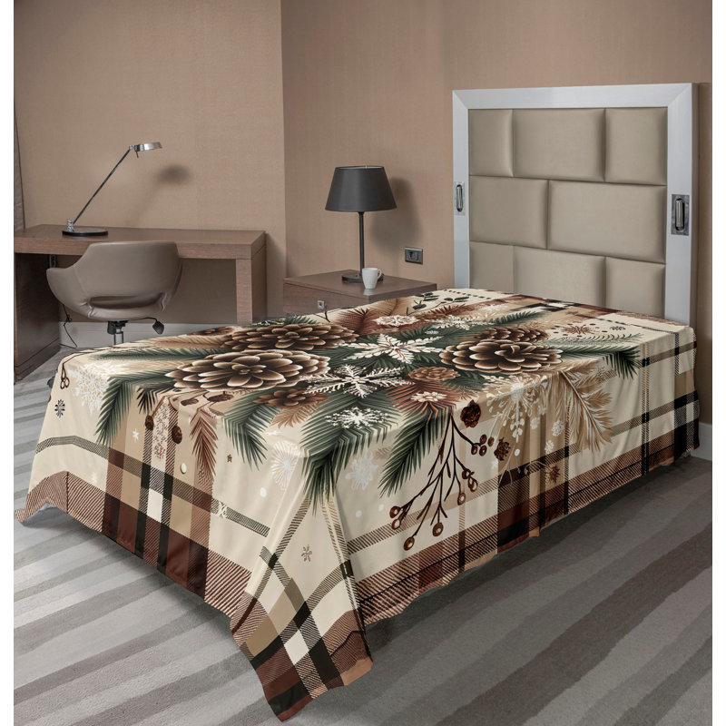 Drap plat moderne de style bohème Ambesonne, Drap plat pour lit simple, Carreauté brun cacao / vert sauge
